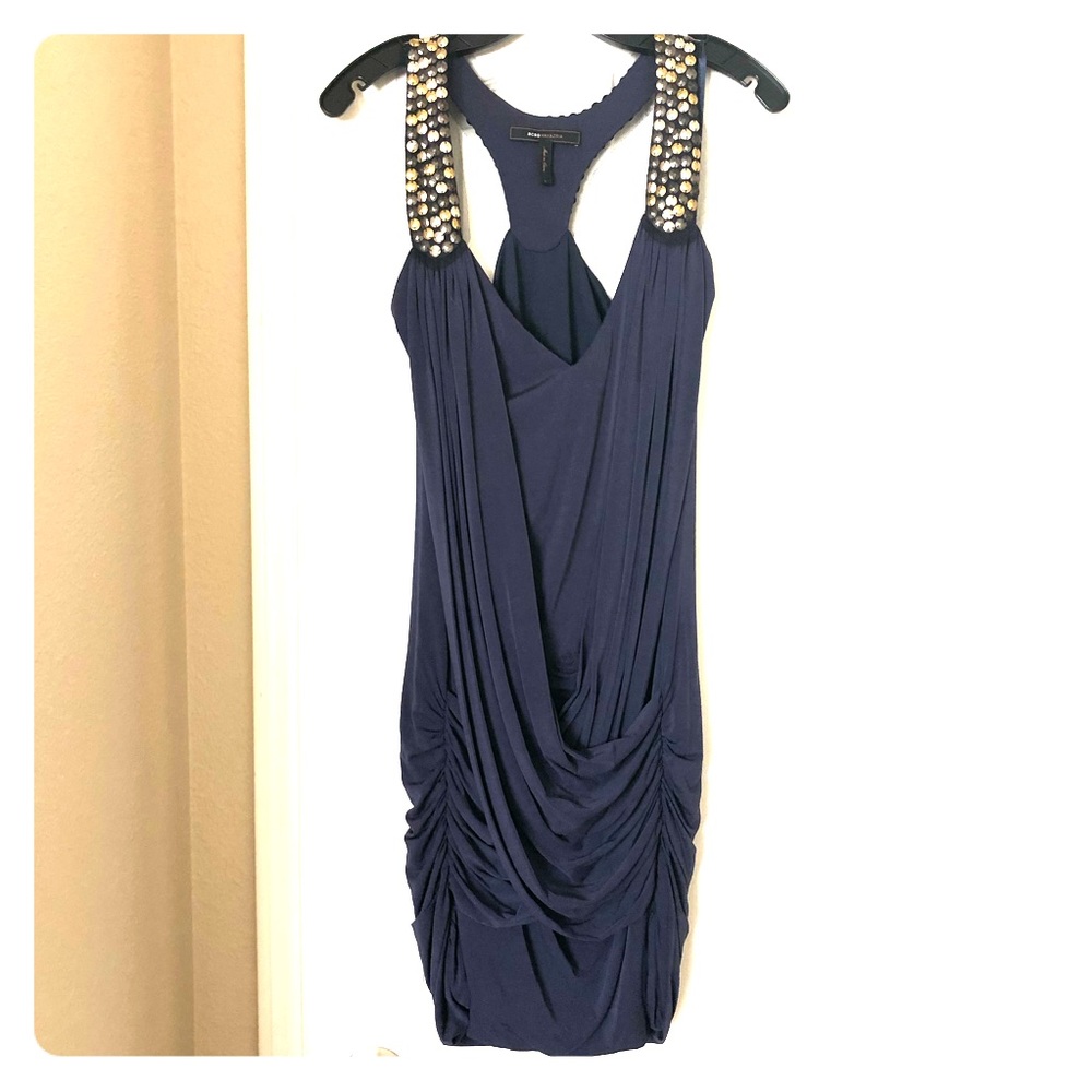 BCBGMaxAzria Navy Blue Draped Cocktail Dress with Embellished Straps